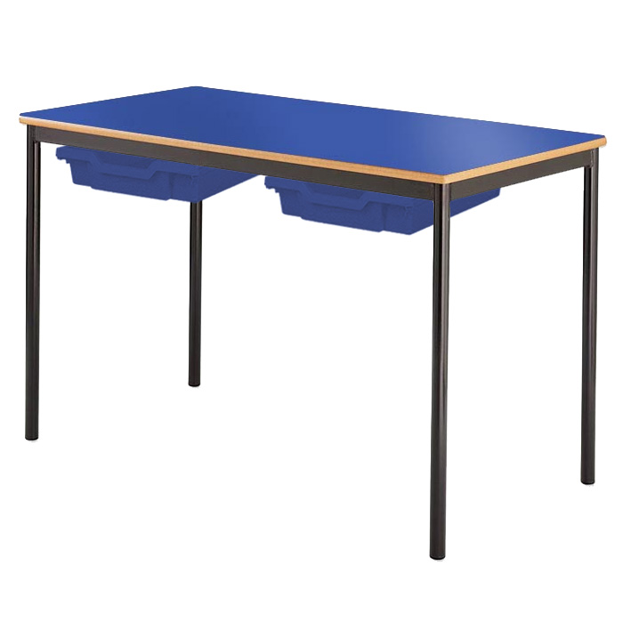 Contract Classroom Tables - Spiral Stacking Rectangular Table with Bullnosed MDF Edge - With 2 Shallow Trays and Tray Runners