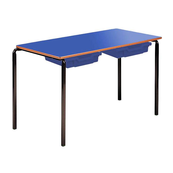 Contract Classroom Tables - Slide Stacking Rectangular Table with Bullnosed MDF Edge - With 2 Shallow Trays and Tray Runners