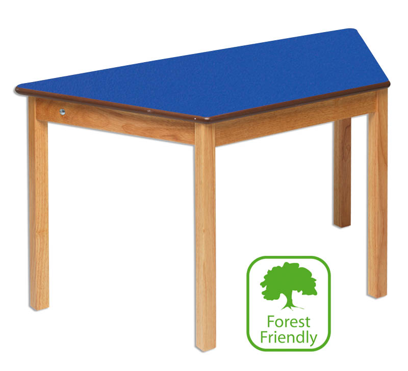 Trapezoidal Wooden Table With Blue Laminate Top