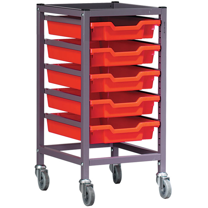 Gratnells Science Range - Complete Under Bench Height Single Column Grey Frame Trolley With 5 Shallow Trays Set - 735mm