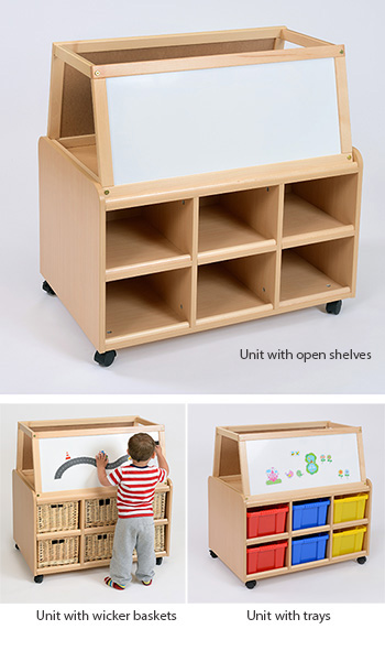Double Sided Storage Unit with Drywipe Magnetic Easel Add-On