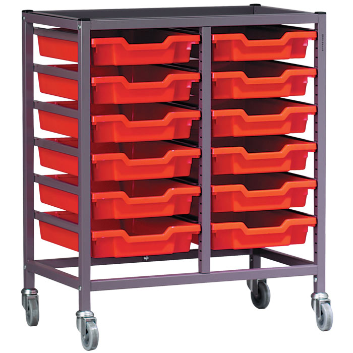 Gratnells Science Range - Complete Bench Height Double Column Trolley With 12 Shallow Trays Set - 860mm