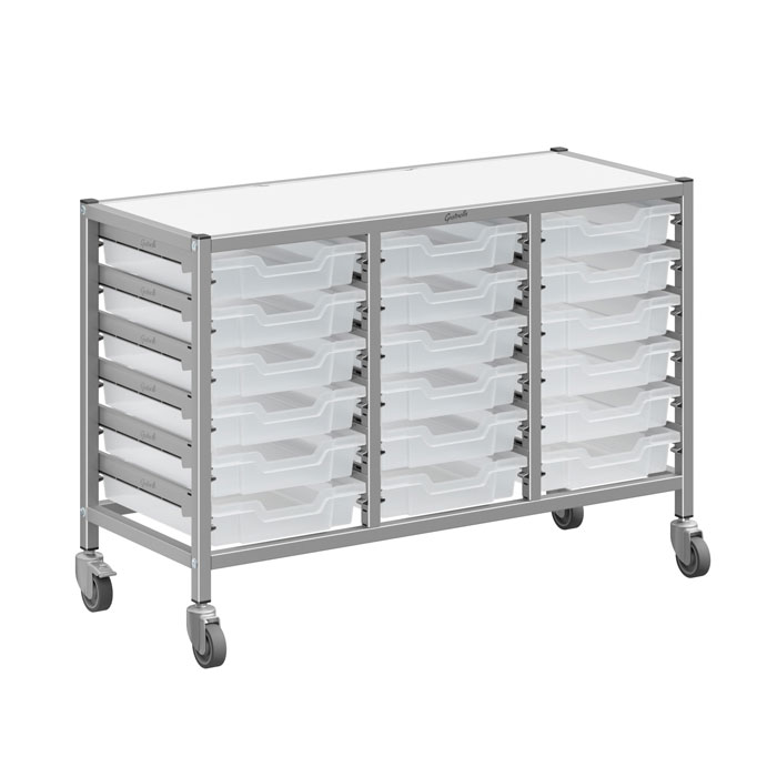 Gratnells Dynamis Treble Column Trolley Complete Set - 18 Shallow Trays Gratnells Dynamis Treble Column Trolley Complete Set - 18 Shallow Trays