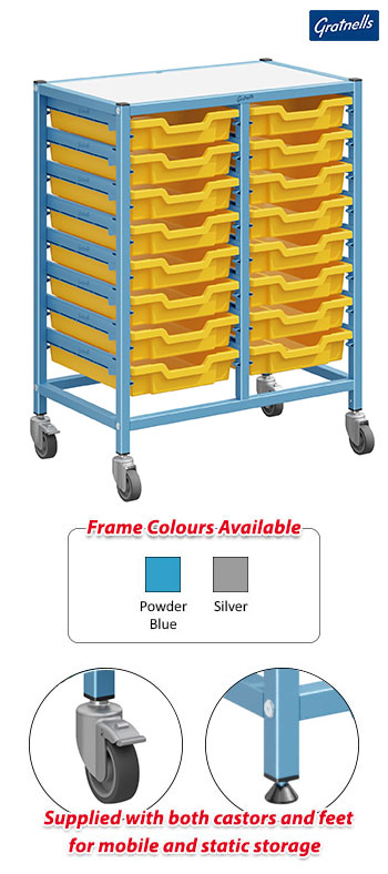 Gratnells Dynamis Double Column Trolley Complete Set - 16 Shallow Trays