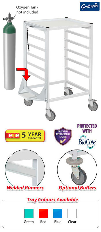 Gratnells Classic Medical Trolley - with Oxygen Cylinder Holder & 2 Braked Castors - 890mm High