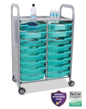 Gratnells Double Callero Plus Antimicrobial Set In Silver With 16 Shallow Trays