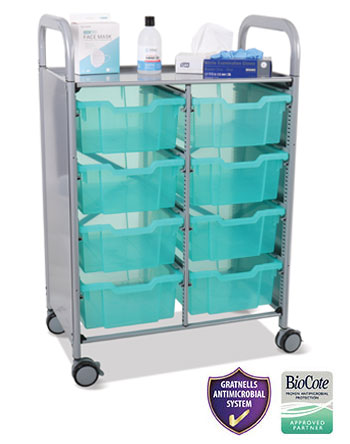 Gratnells Double Callero Plus Antimicrobial Set In Silver With 8 Deep Trays