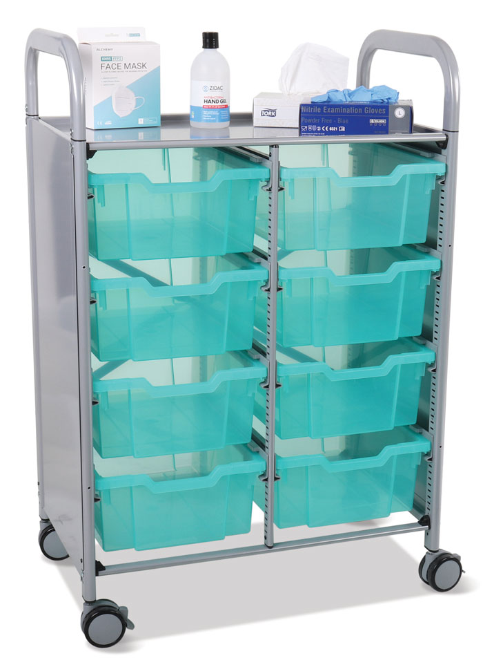 Gratnells Double Callero Plus Antimicrobial Set In Silver With 8 Deep Trays