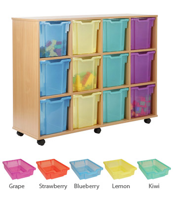 Ready Assembled 12 Jumbo Tray Storage Unit with Colour-Clear Trays