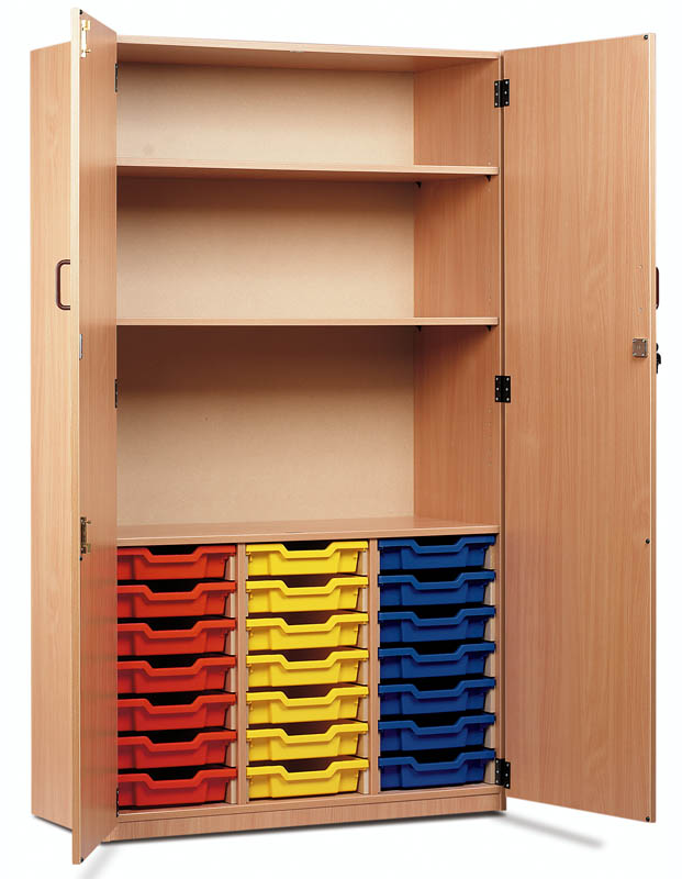 Ready Assembled Triple Column Cupboard Unit -  45 Shallow Trays with 1 Shelf & Doors