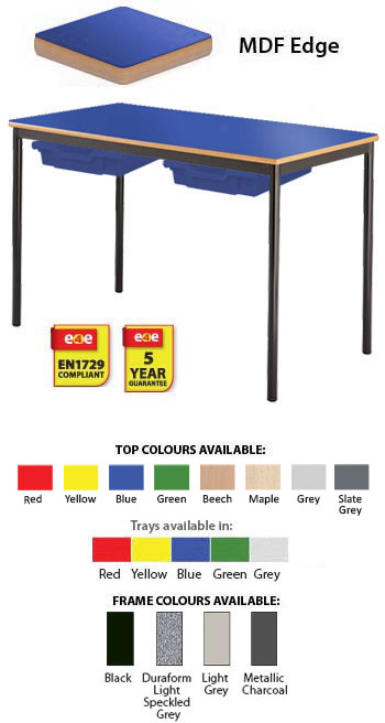 Contract Classroom Tables - Spiral Stacking Rectangular Table with Bullnosed MDF Edge - With 2 Shallow Trays and Tray Runners