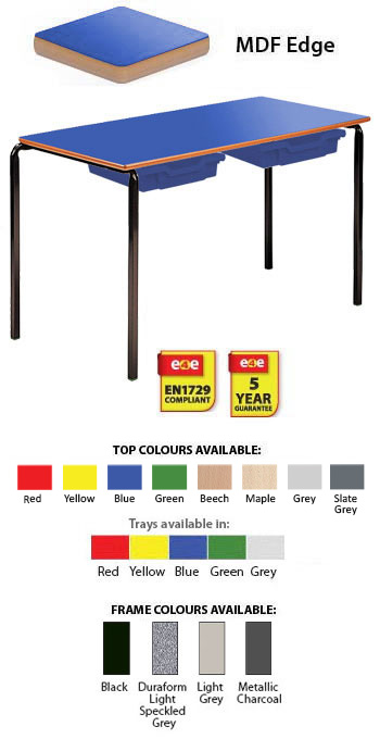 Contract Classroom Tables - Slide Stacking Rectangular Table with Bullnosed MDF Edge - With 2 Shallow Trays and Tray Runners