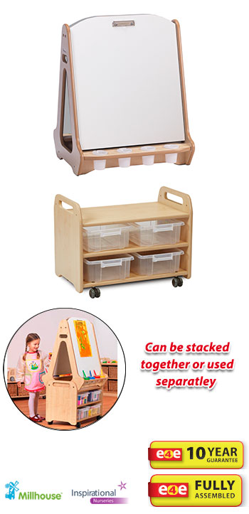 PlayScapes Double Sided Whiteboard Easel With Stand & Storage Trolley And 4 Clear Tubs Set