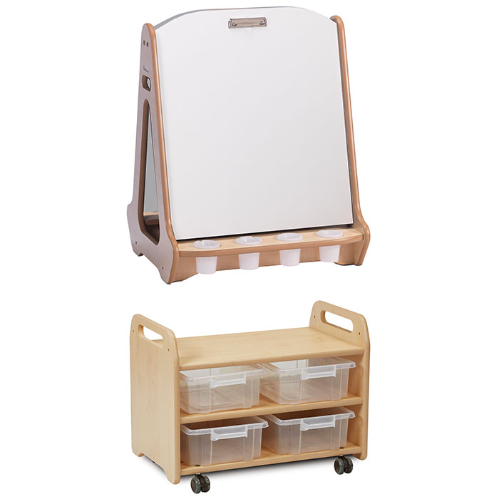 PlayScapes™ Double Sided Whiteboard Easel With Stand & Storage Trolley And 4 Clear Tubs Set