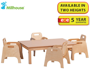 Small Rectangle Melamine Top Wooden Table And 4 Stacking Sturdy Chairs Set