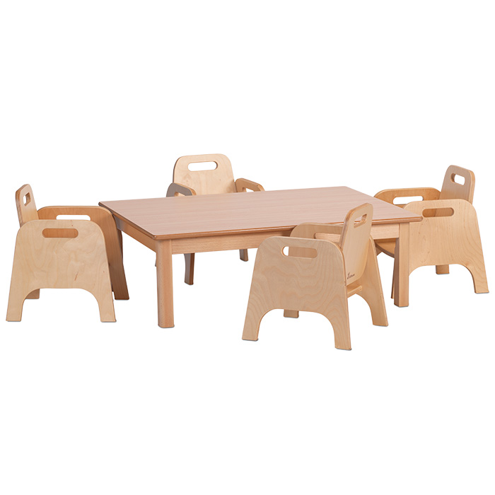 Small Rectangle Melamine Top Wooden Table And 4 Stacking Sturdy Chairs Set