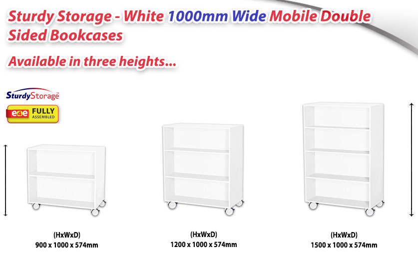 Sturdy Storage - White 1000mm Wide Mobile Double Sided Bookcase fragment