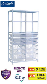 Gratnells Classic Medical Double Column Frame With 6 Wide Trays, 4 Shallow Baskets, 2 Deep Baskets and 4 Single Shelves