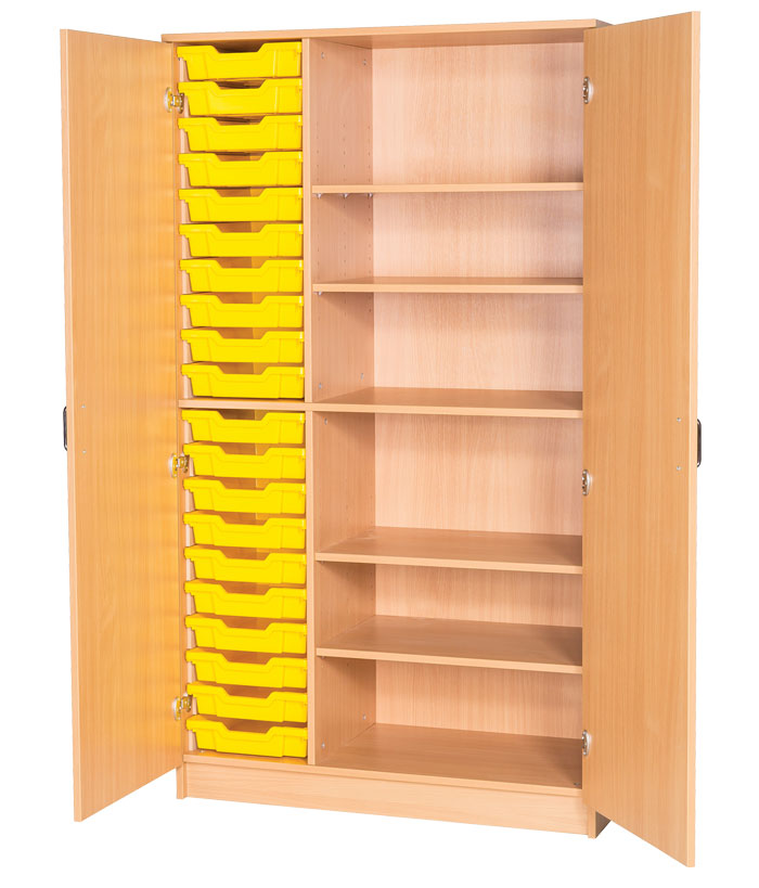 Sturdy Storage Triple Column Cupboard Unit - 20 Shallow Tray with Adjustable Shelves & Doors