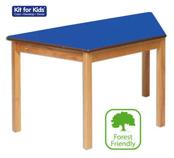 Trapezoidal Wooden Table With Blue Laminate Top
