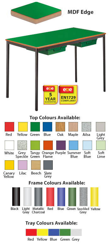Classroom Premium Spiral Stacking Rectangular Table - Bullnosed MDF Edge - With Tray Runners & 2 Trays